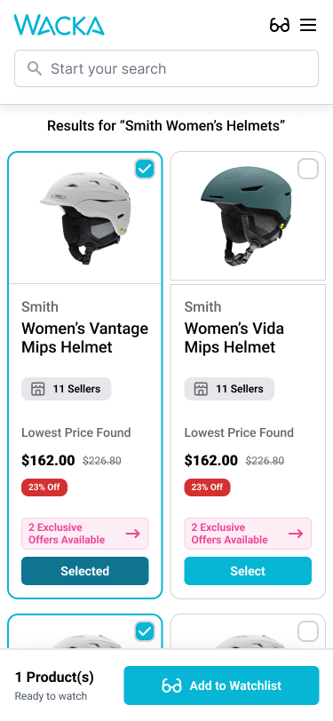 Search results with selectable products