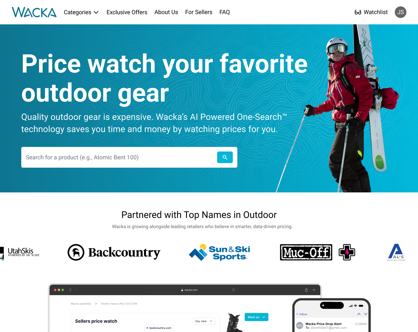 Wacka landing page with AI-powered search